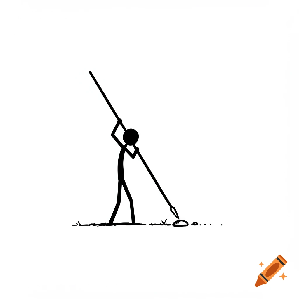 A stick figure holds a spear pointed at a rock on the ground.
