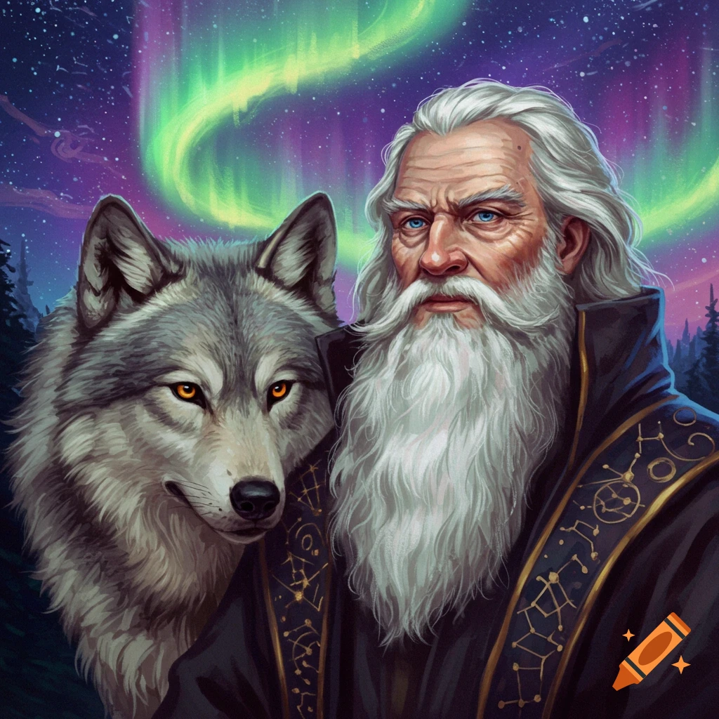 A wise wizard stands with a wolf under a vibrant aurora borealis