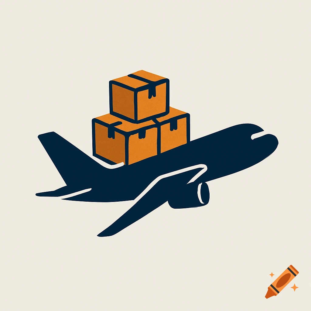 Logo of a blue airplane carrying orange shipping boxes