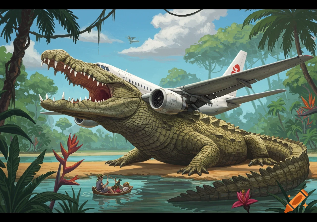 Illustration of a giant crocodile with an airplane on its back, on a riverbank with people in a boat.