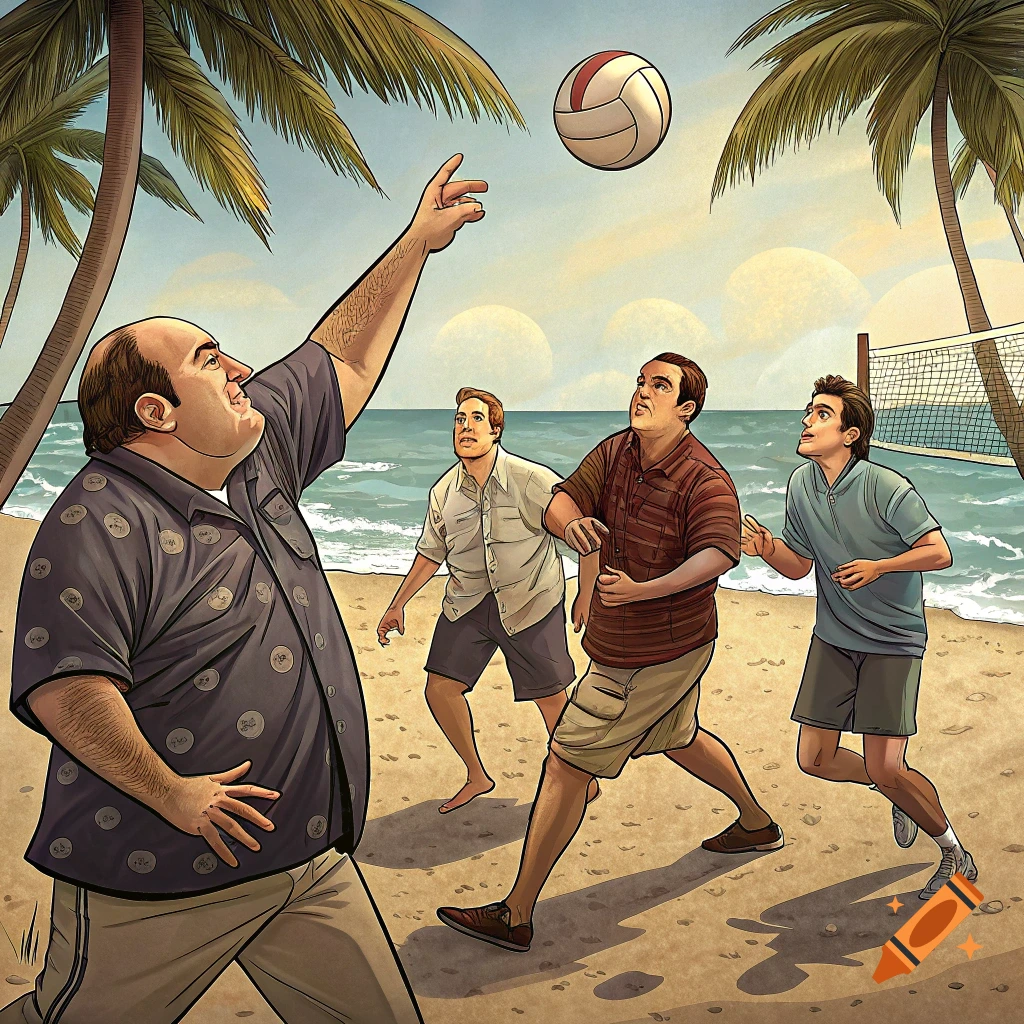 Men resembling Sopranos characters play volleyball on a sunny beach.