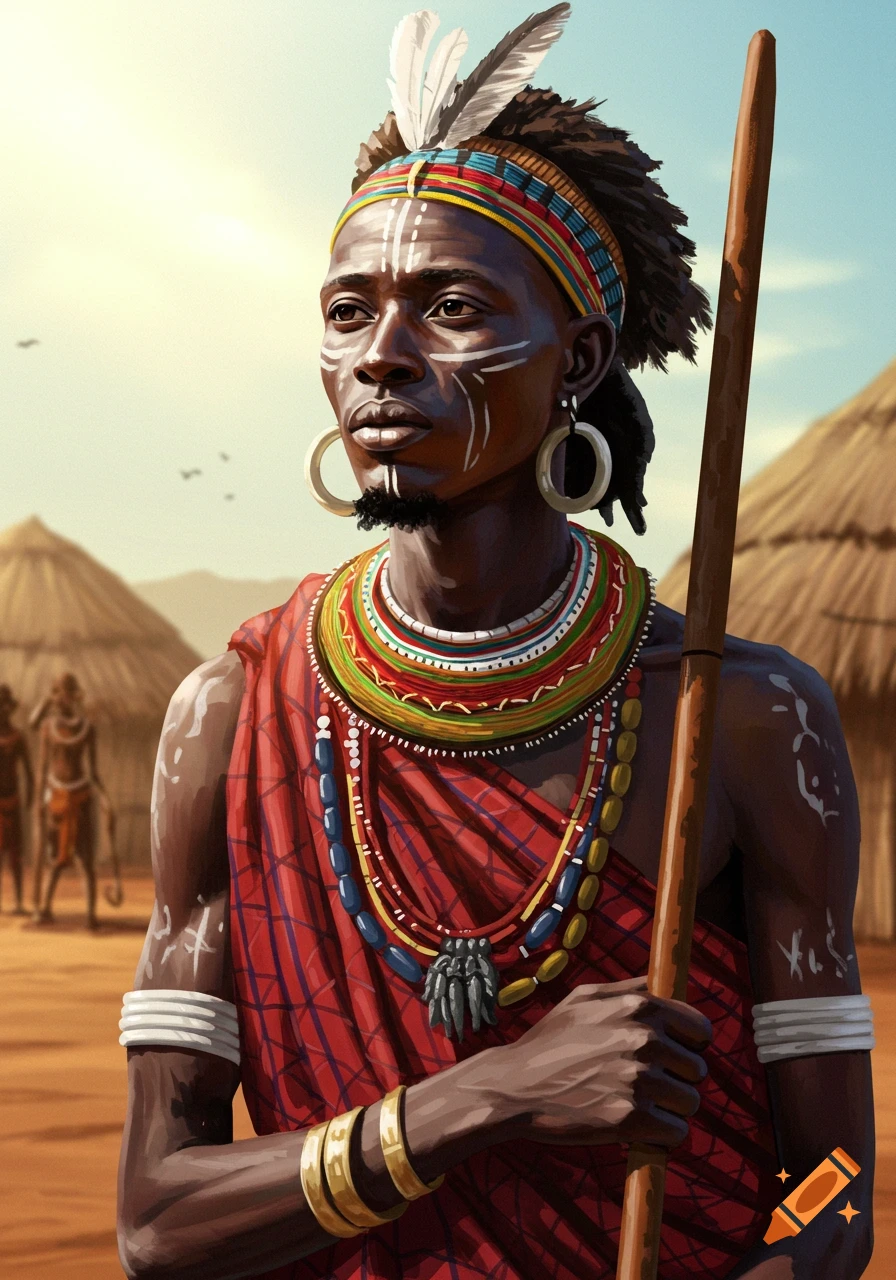 Portrait painting of a man in traditional clothing, with face paint, jewelry, and a staff. Huts in background.