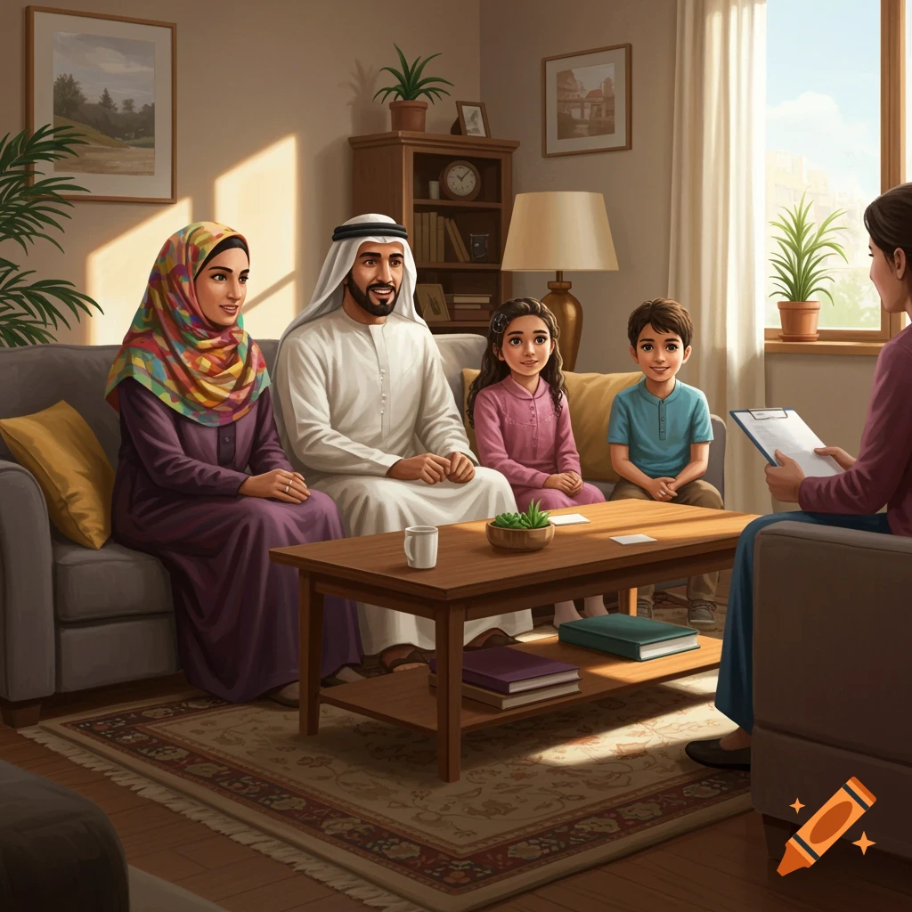Middle Eastern family talks to therapist in a living room.