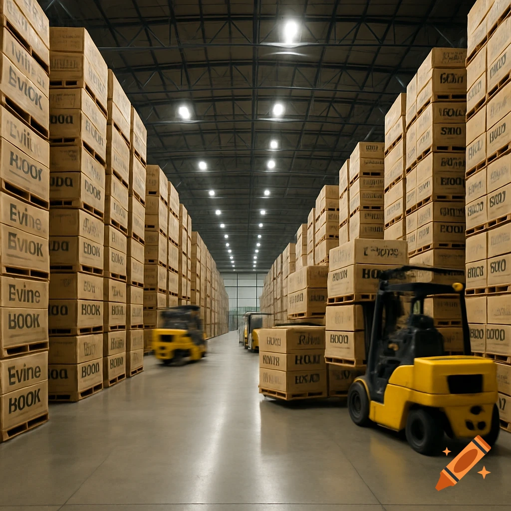 Forklifts move through a huge warehouse stacked high with boxes.
