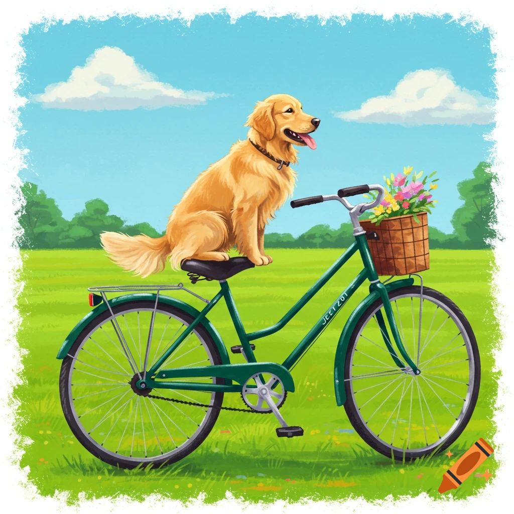 A golden retriever dog sits on a bicycle in a sunny field with flowers.