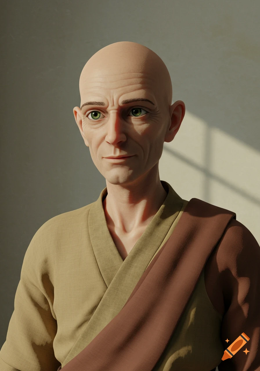 A stylized portrait of a bald man with green eyes wearing robes, lit by window light.
