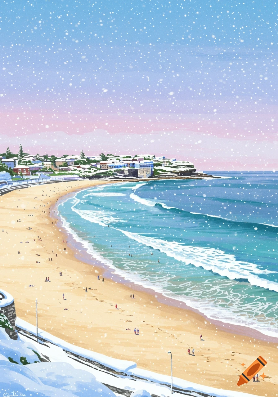 Snow falls on Bondi Beach, a sandy beach with waves crashing, people walking, and buildings along the shore, in an illustration.