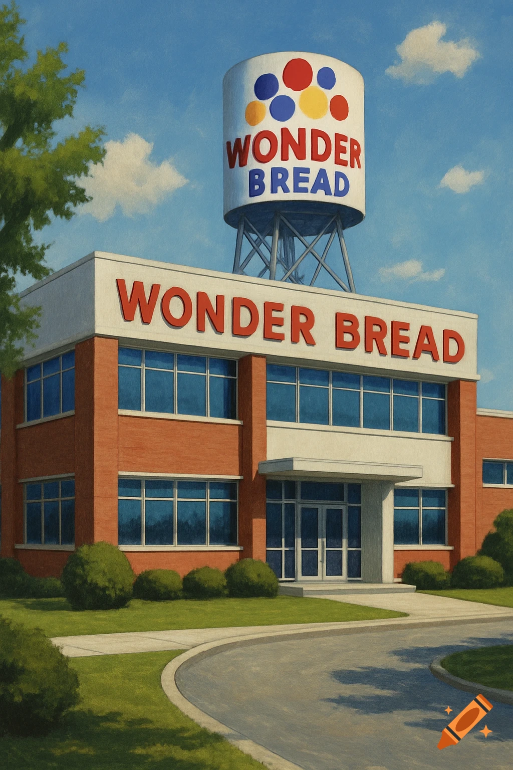 A painting of a brick building with a water tower, both labeled 'Wonder Bread' headquarters.