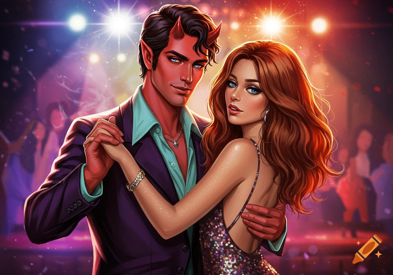 A stylized illustration of a handsome red-skinned man with horns dancing closely with a woman in a sparkly dress under bright spotlights in a nightclub.