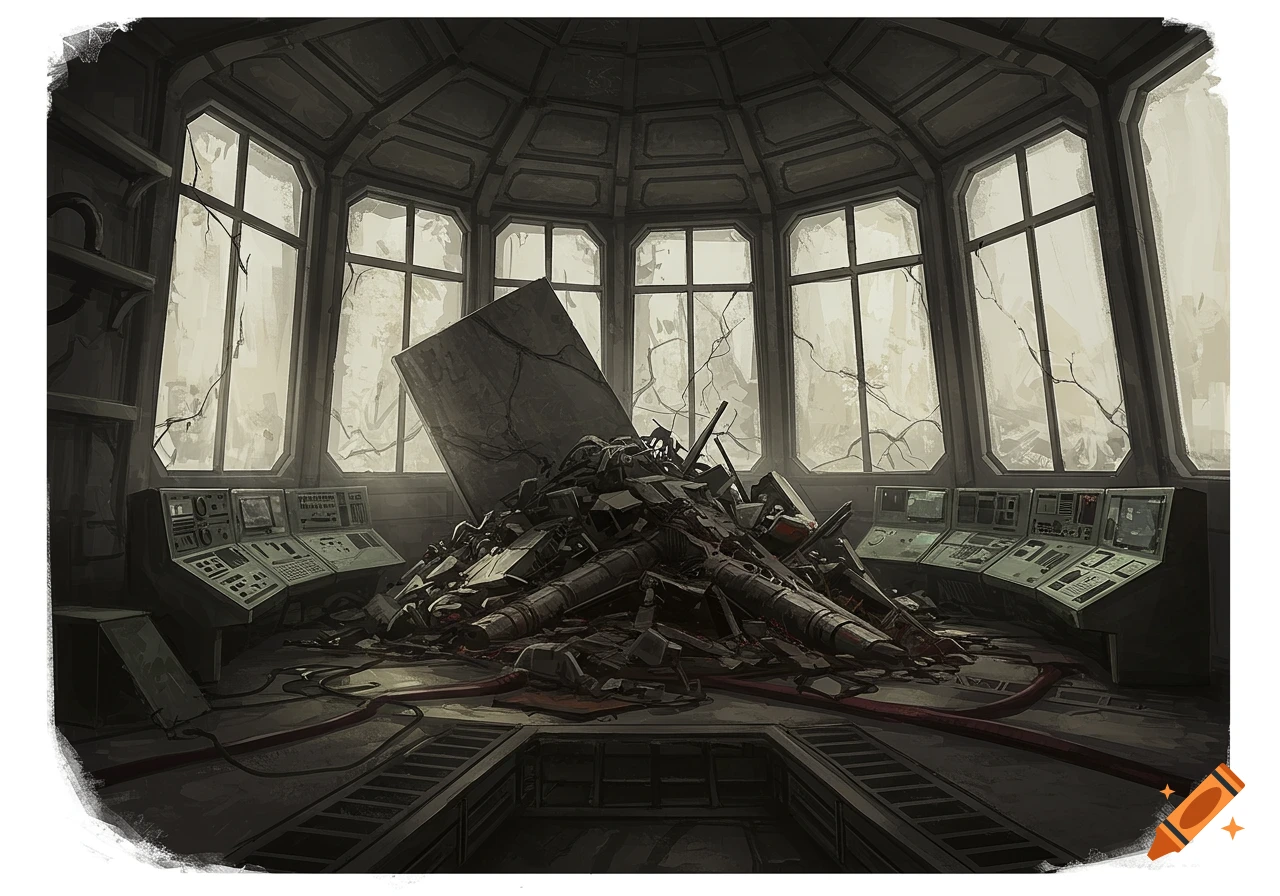 Interior view of a ruined room with warped windows, consoles, and a large pile of debris.