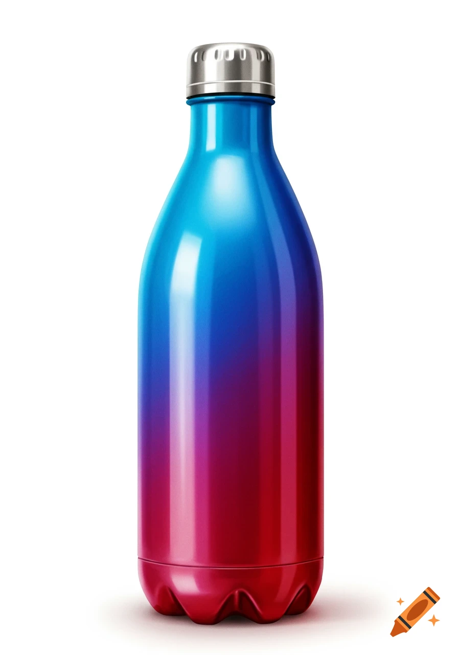 A shiny insulated drink bottle with a color gradient from blue at the top to red at the bottom, on a white background.