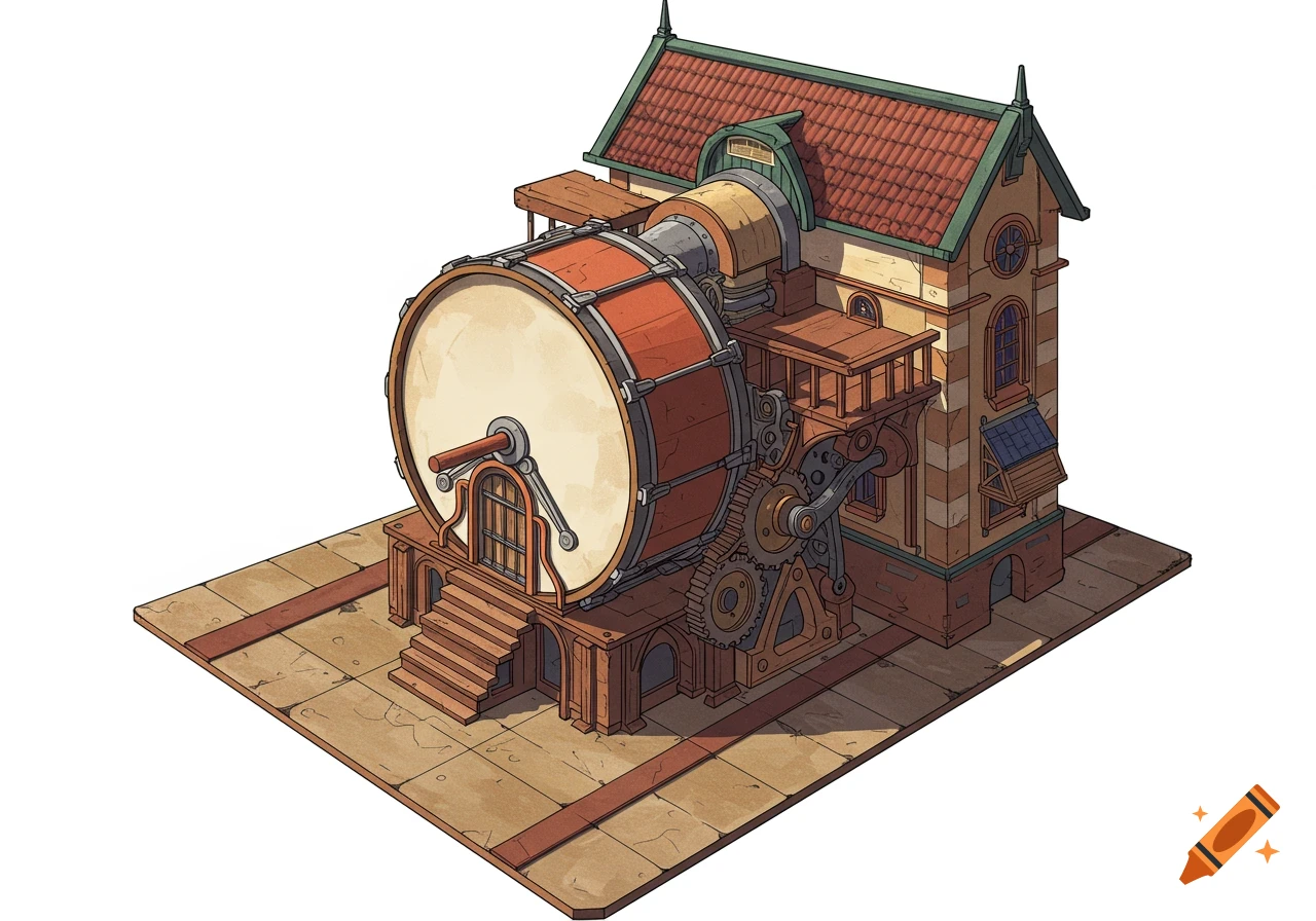 Isometric illustration of a building shaped like a giant bass drum with mechanical gears on a base.