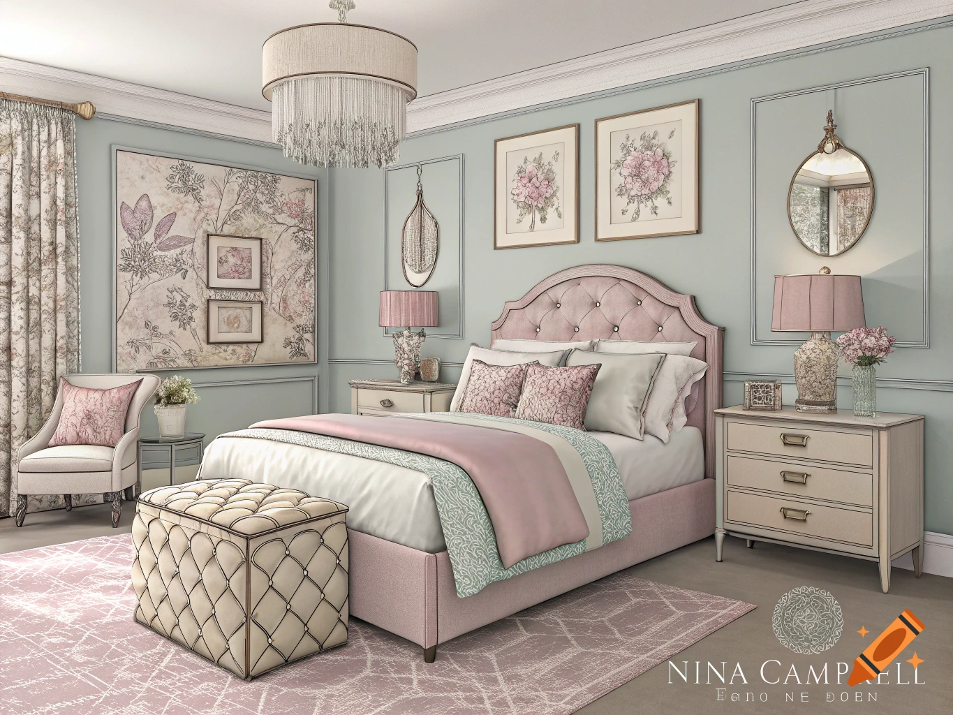 A pastel bedroom with a pink tufted bed, ottoman, chandelier, and floral art.