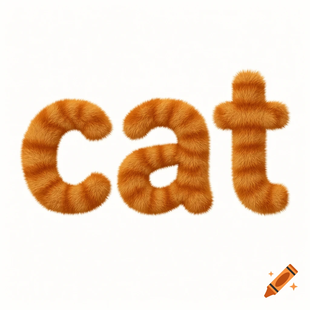 The word cat spelled out in furry orange tabby letters on a white background.