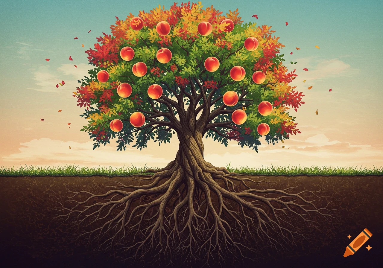 Stylized illustration of a large tree with colorful leaves and peaches, showing its deep roots underground.