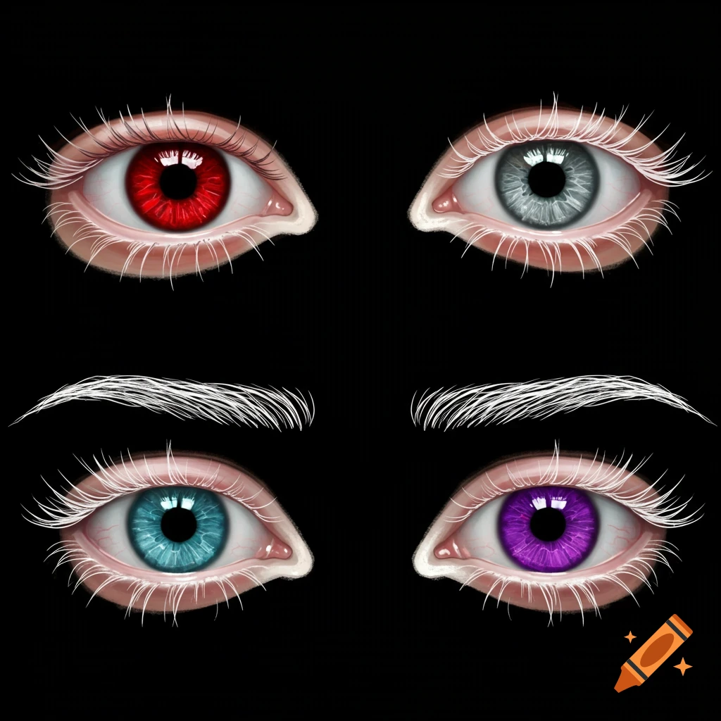 Illustration of four pairs of albino eyes with red, grey, blue, and purple irises and white lashes and eyebrows.