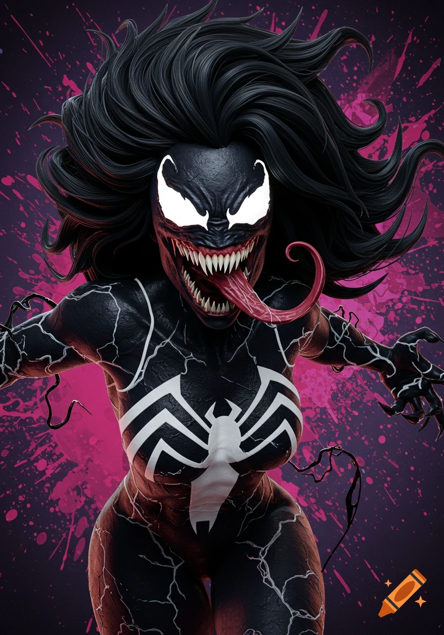 She-Venom character with long black hair, sharp teeth, and white spider symbol on a pink splatter background.