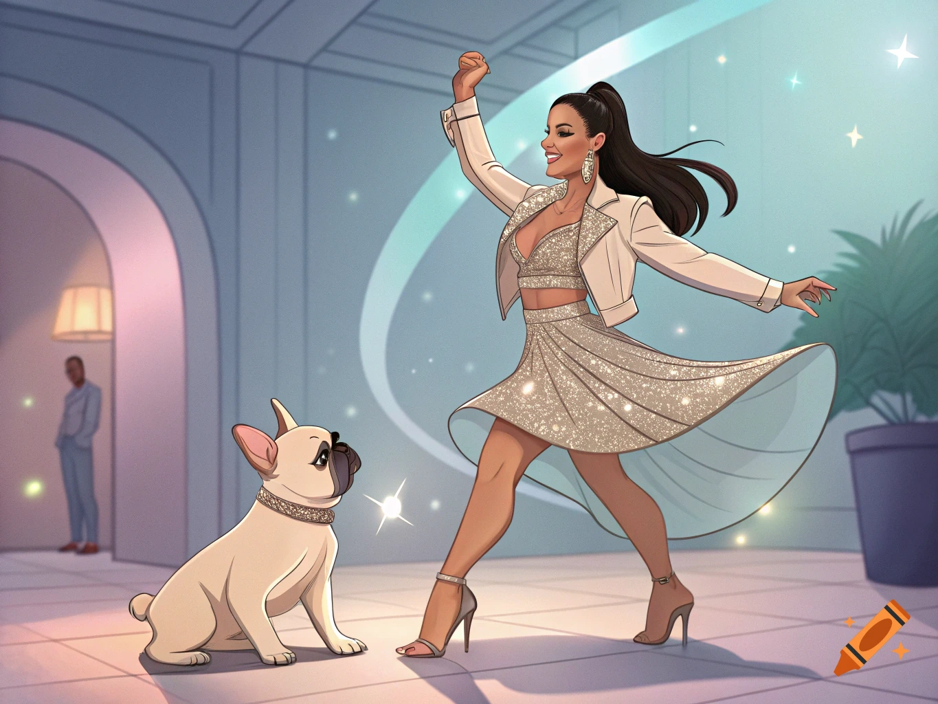 An illustration of a woman in a sparkly dress dancing with a French bulldog in a building lobby.