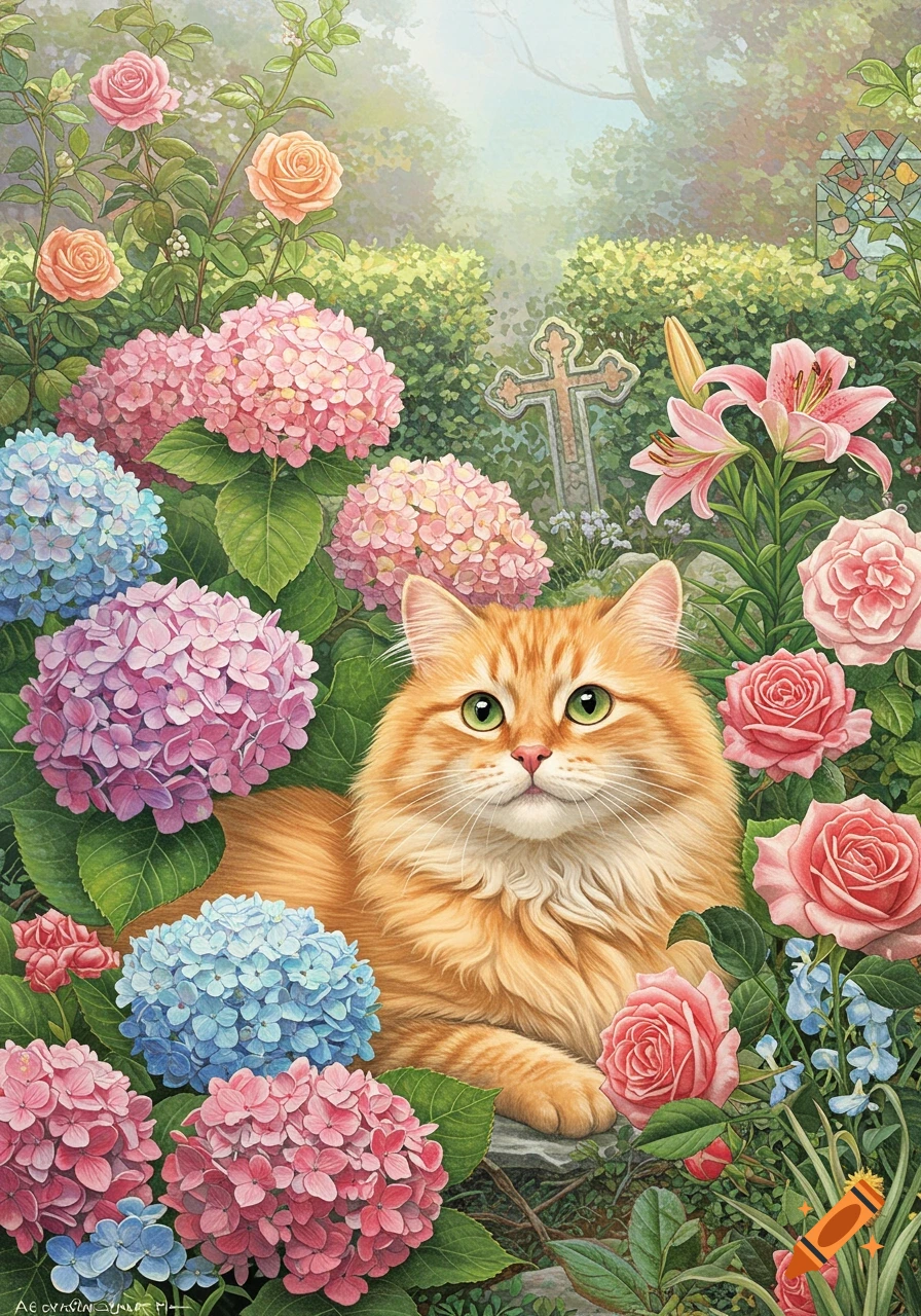 An orange cat sits among pink and blue hydrangeas and pink roses in a garden with a cross.