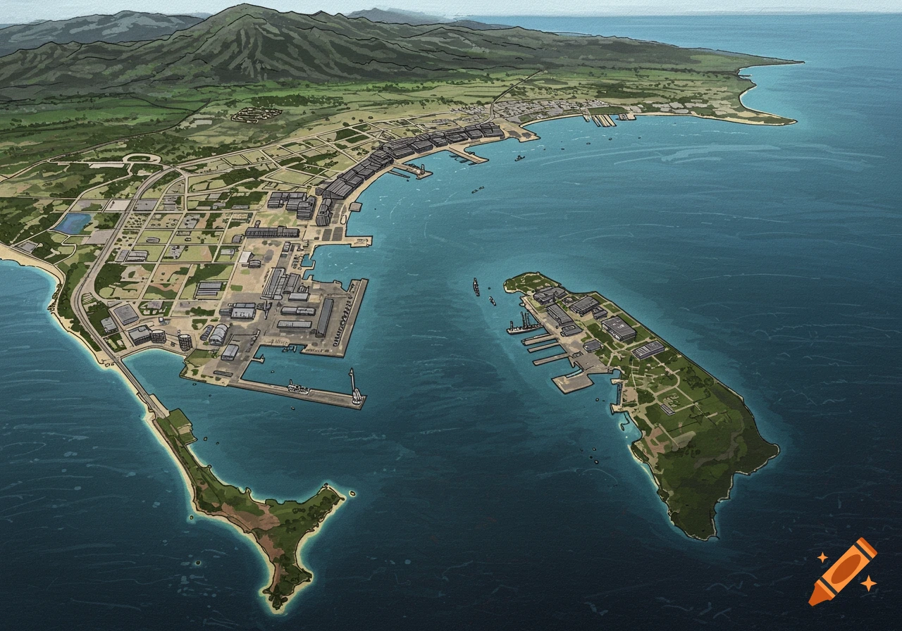 Illustrated overhead view of a large naval base or port city on a bay with an island and mountains.