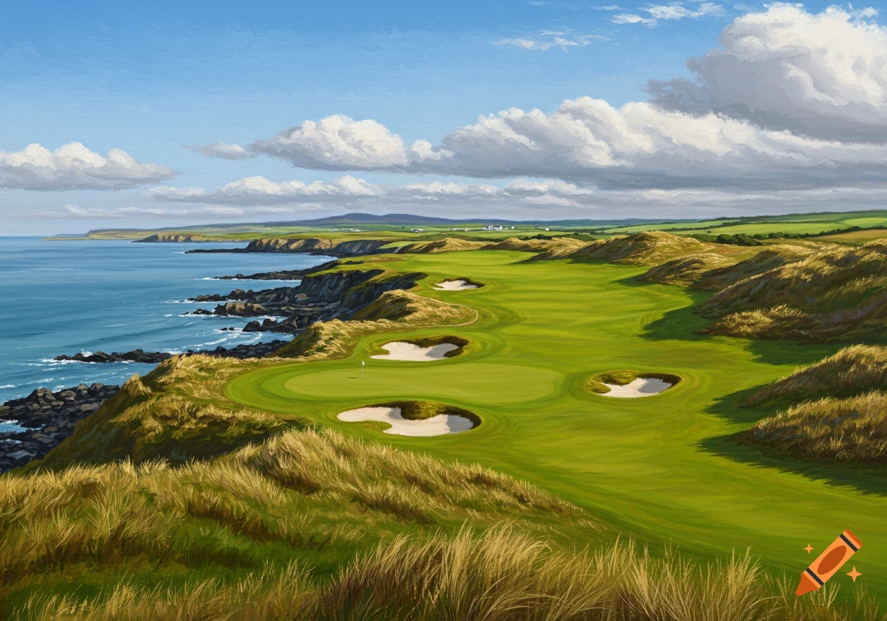 Painting of a coastal golf course with sand traps and green fairways next to the ocean under a cloudy sky.