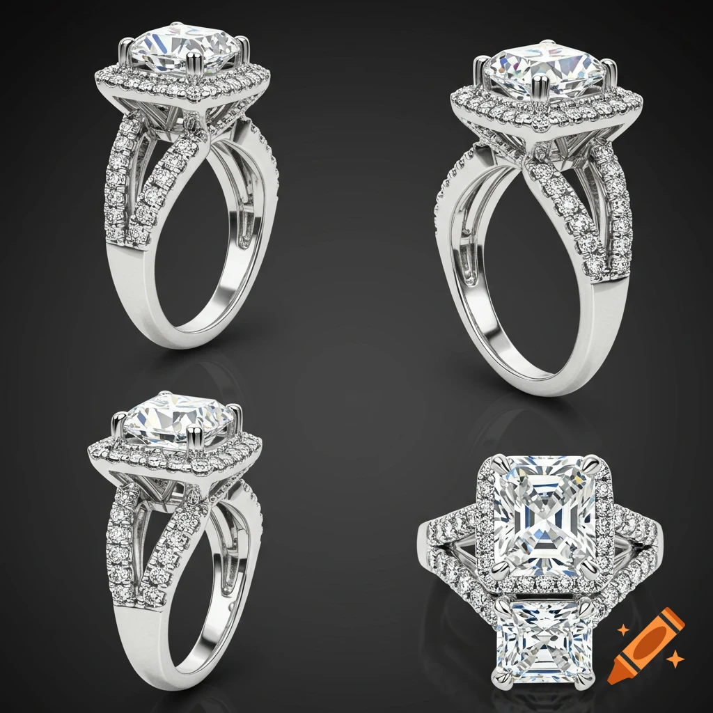 Four different views of a white gold diamond engagement ring with a radiant center stone and split shank band.