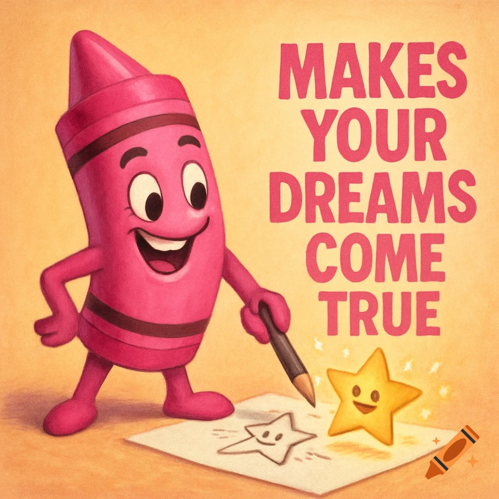 A cartoon pink crayon character draws a star that comes to life, next to text saying "MAKES YOUR DREAMS COME TRUE".