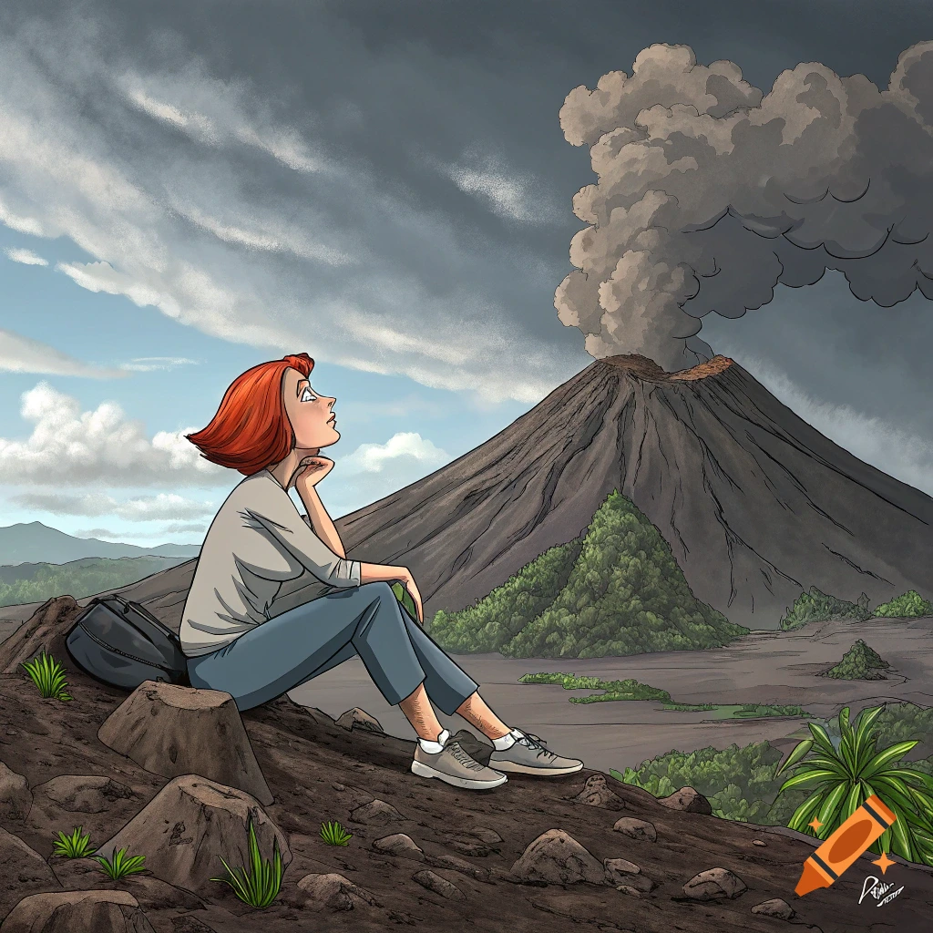 Cartoon woman sitting on a hill looking at a smoking volcano.
