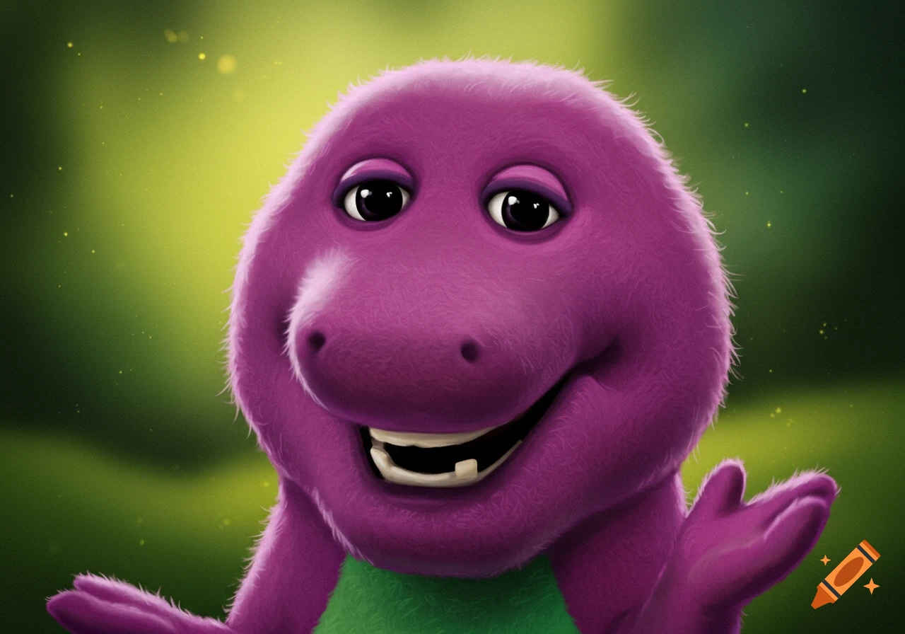 Realistic portrait of Barney the purple dinosaur smiling with arms open against a green background.