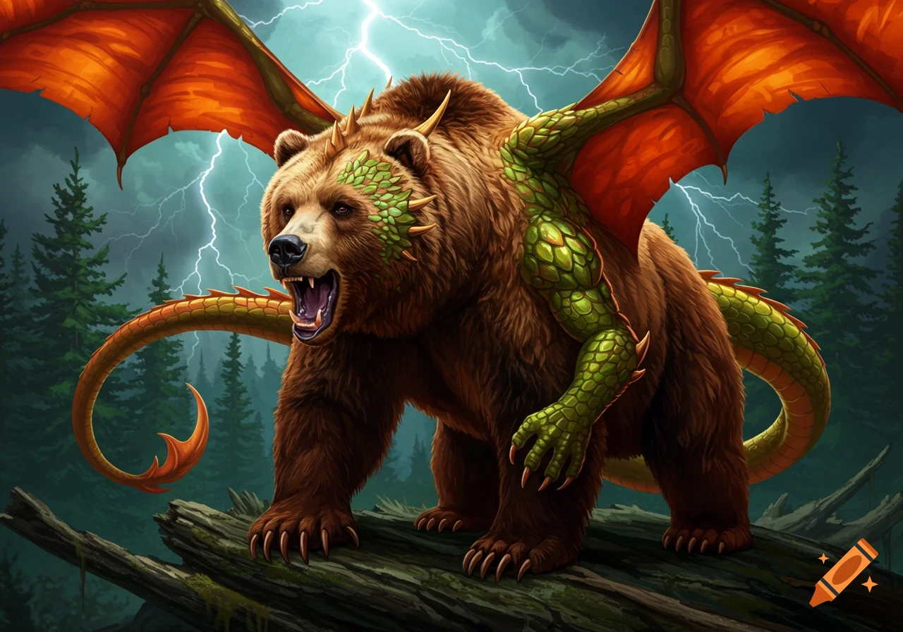 Fantasy creature, a bear with dragon wings, scales, and tail, standing in a stormy forest.