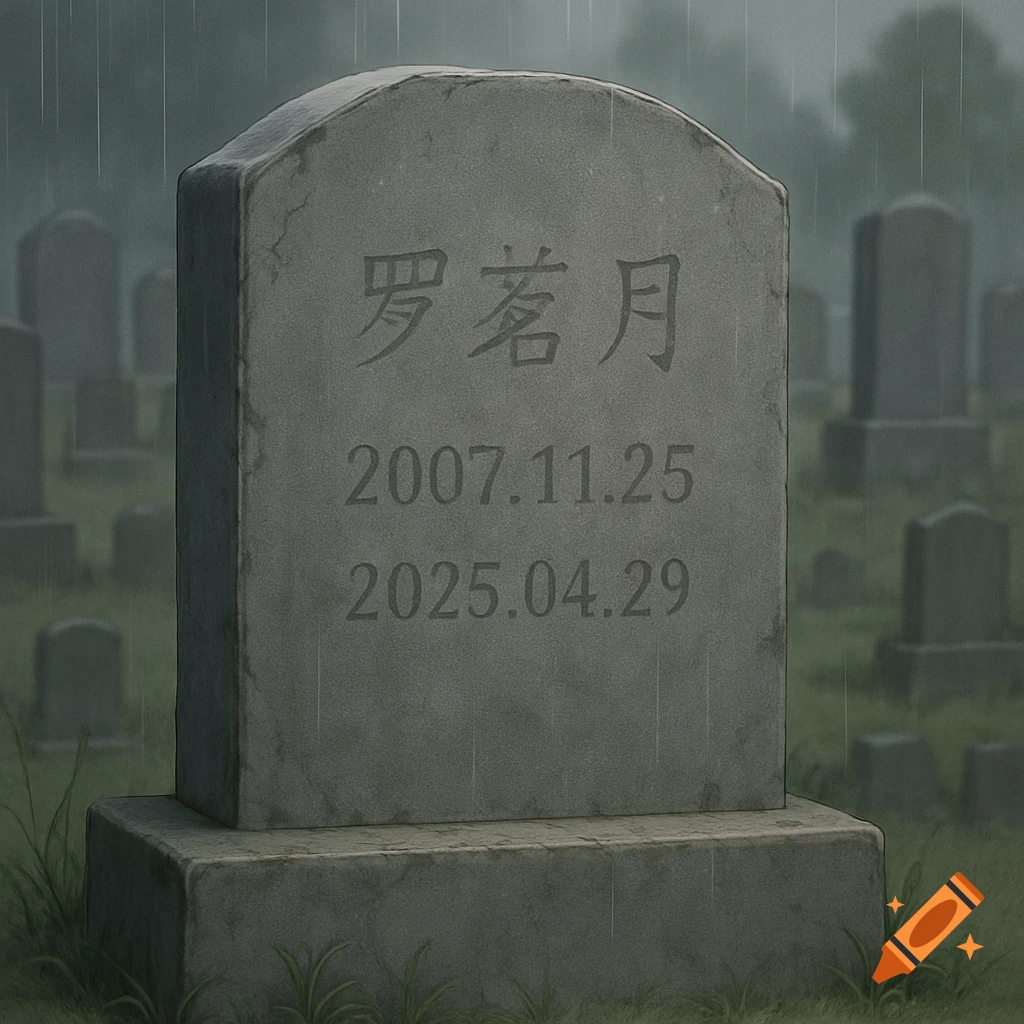 Anime style tombstone in a rainy cemetery with text and dates engraved.