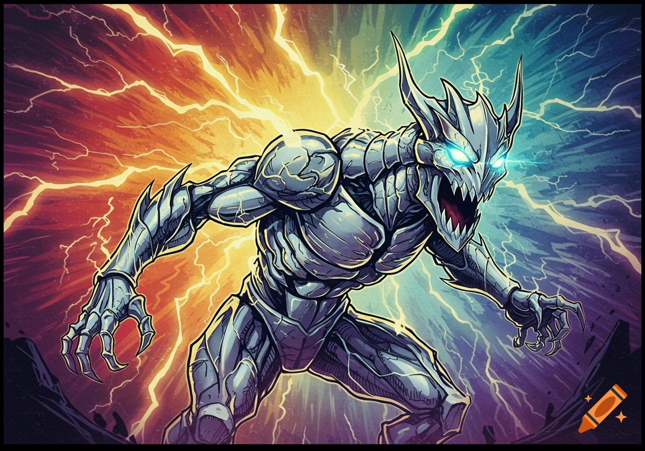 A metallic monster with glowing blue eyes roars amidst red and blue lightning.