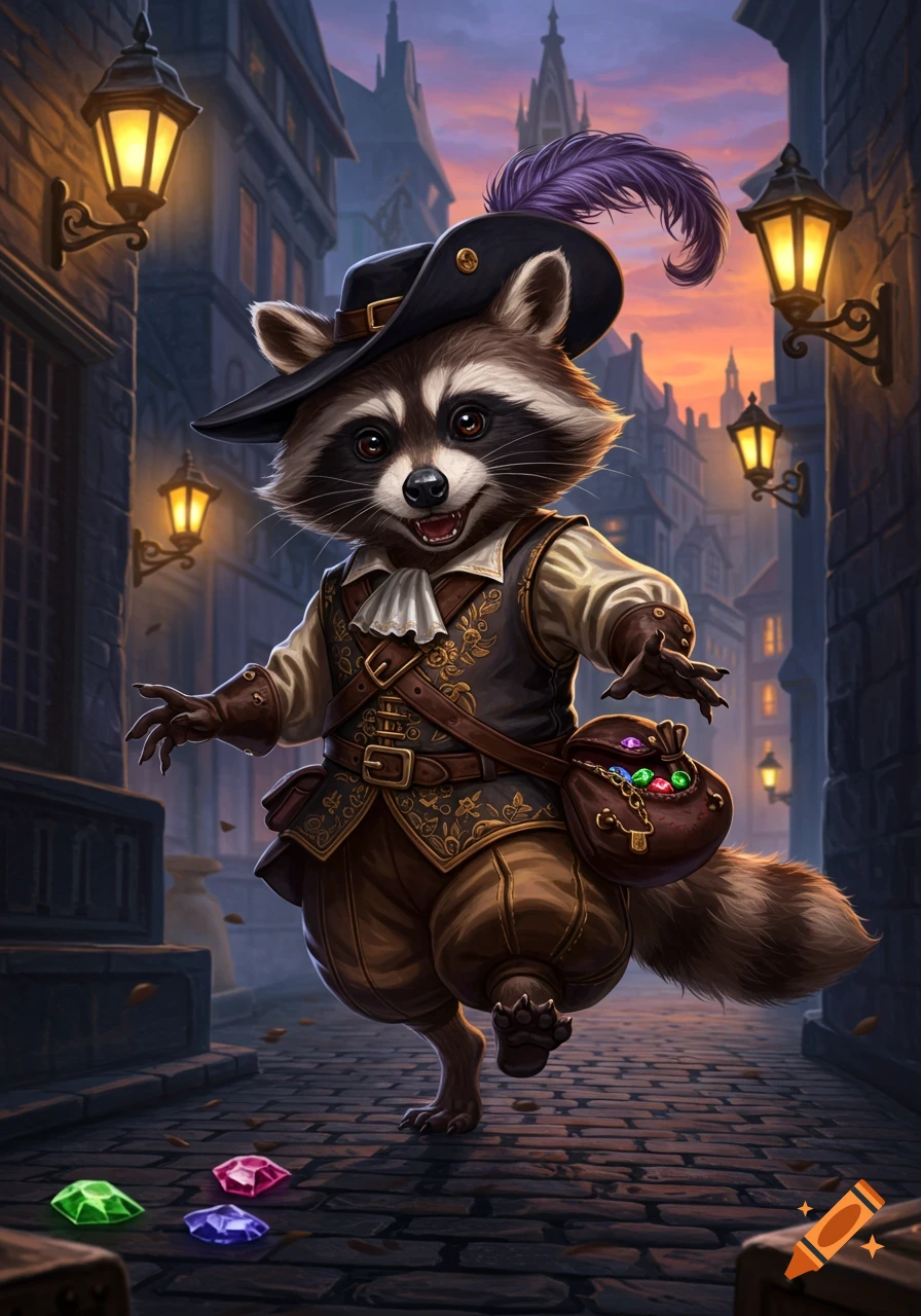 A raccoon dressed as a fantasy thief stands in a cobblestone street at sunset.