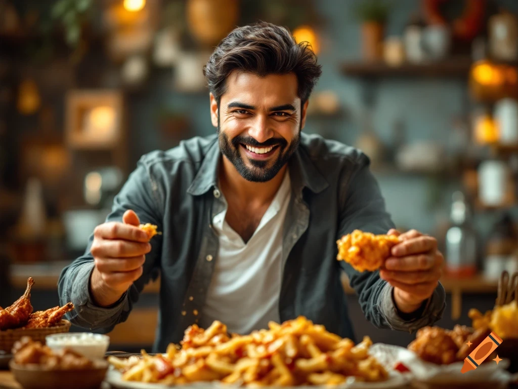 Happy man eating chicken wings and fries.