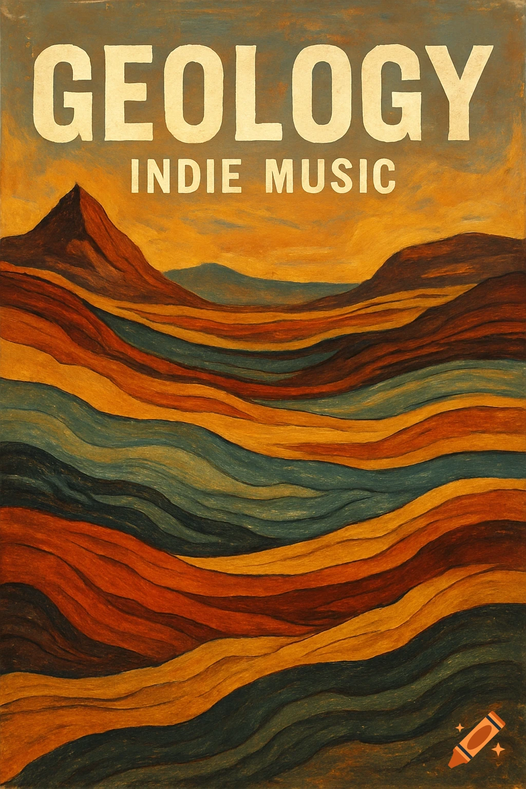 Graphic art album cover showing mountains above colorful wavy geological layers with the text 'GEOLOGY INDIE MUSIC'.