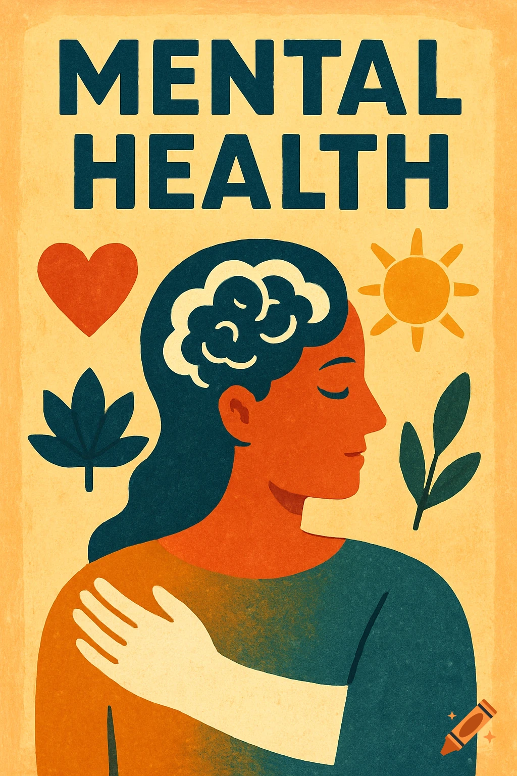 Stylized mental health poster with text, profile of a person, brain, heart, sun, and plants.