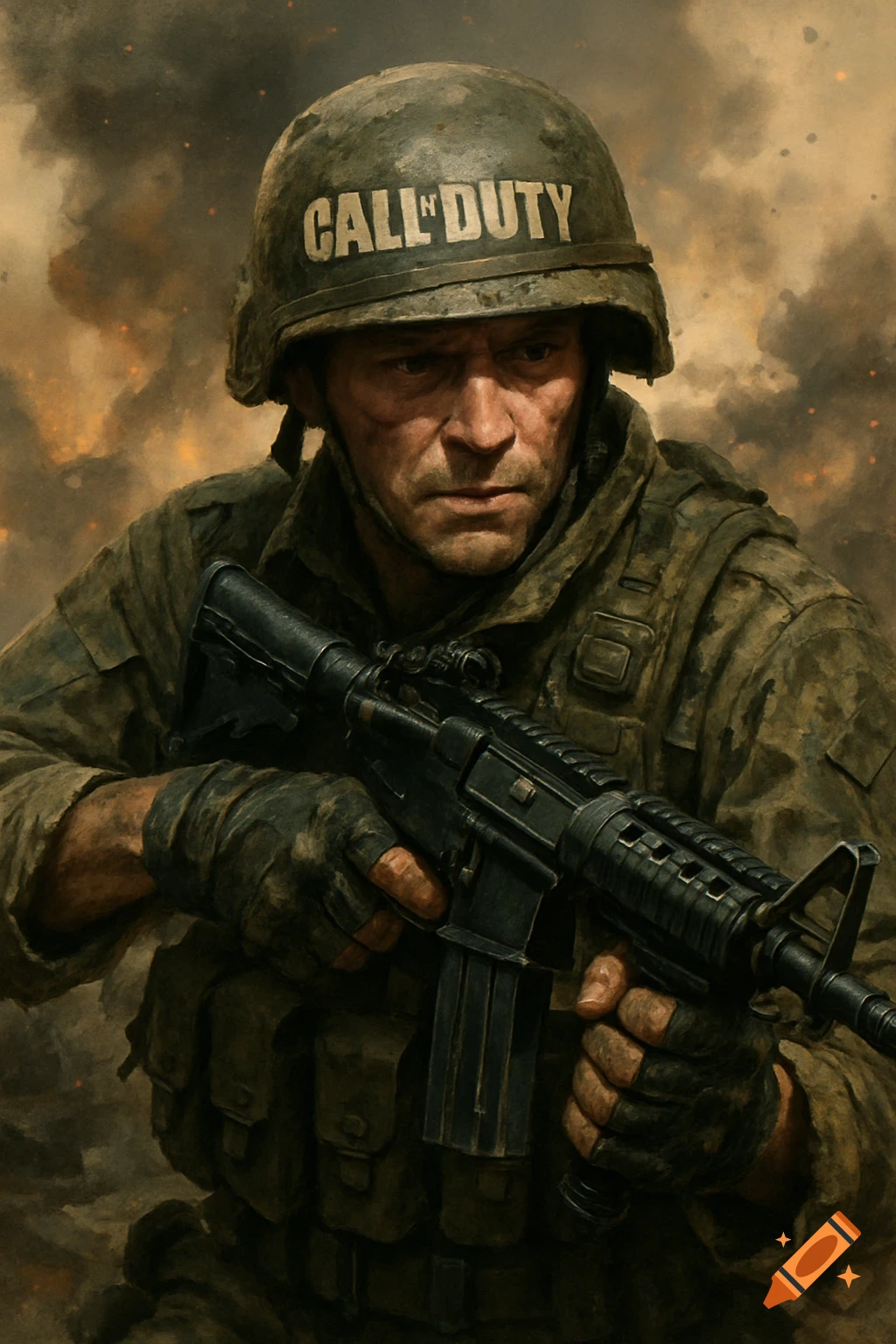 A soldier in military gear with a rifle stands in a smoky battlefield, text visible on their helmet.
