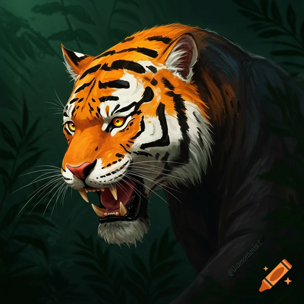An artistic painting of a roaring tiger's head on a black panther's body in a jungle.