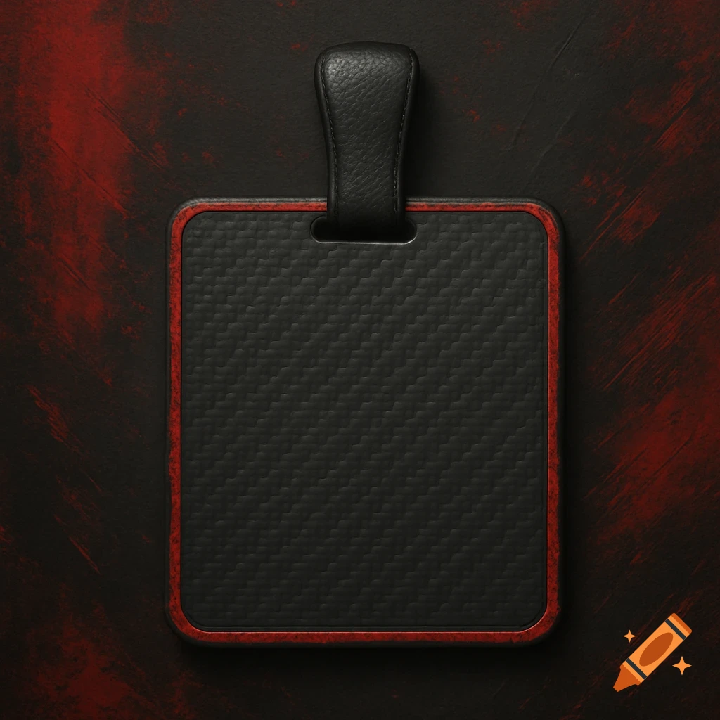 A black carbon fiber tag with red edges and a black leather handle, on a dark red background.