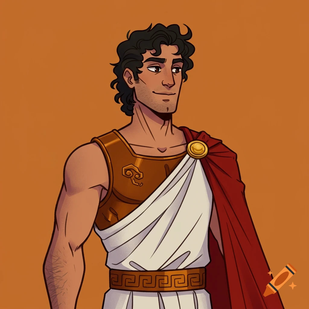 A cartoon character depicting a man in Greek or Roman attire with a breastplate and cloak.