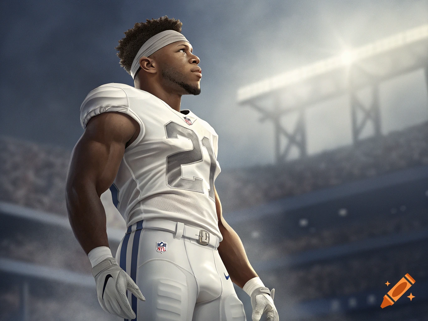 Muscular football player in a white #21 jersey looking up in a stadium.