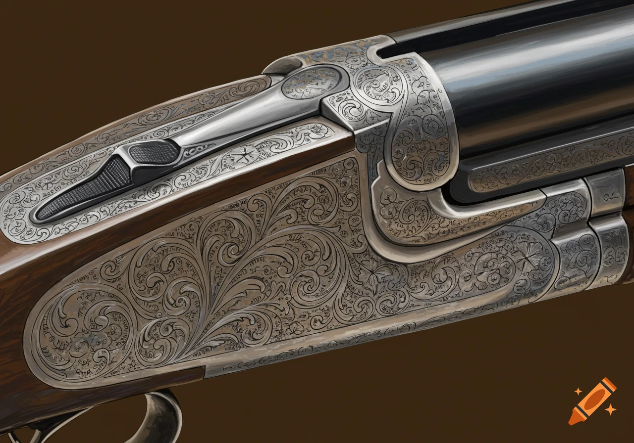 Close-up of a shotgun with elaborate scrollwork engraving on the metal receiver and wood stock.
