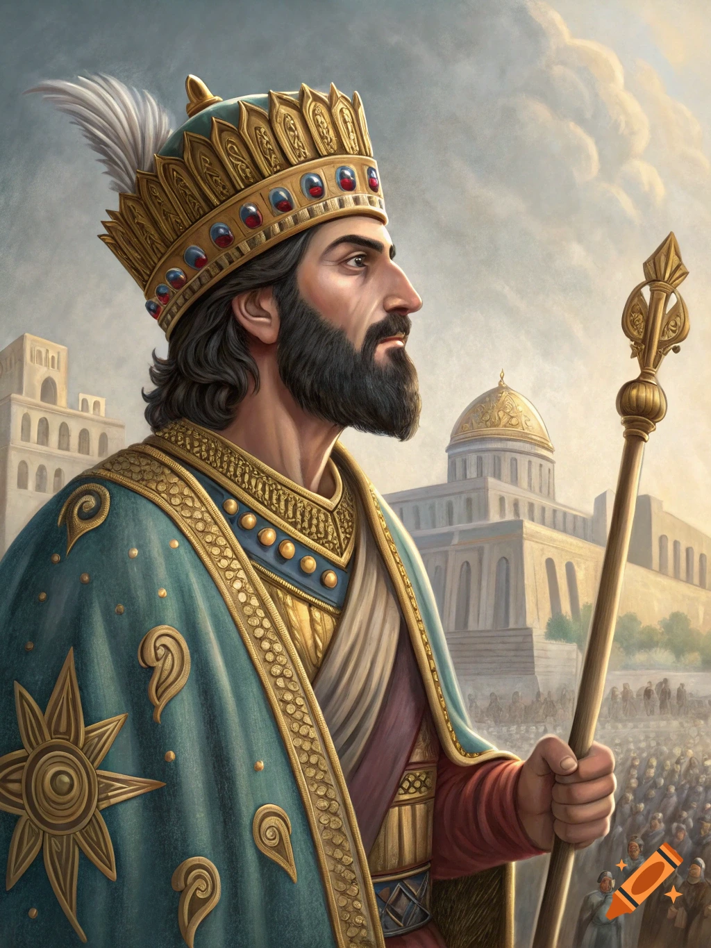 Man in elaborate crown and robe holds staff, standing before buildings and a crowd.