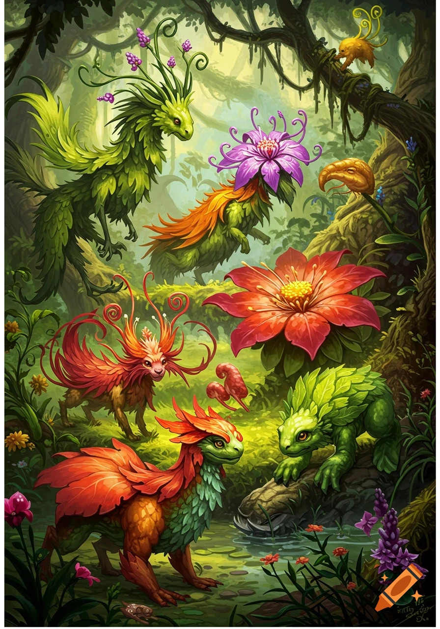 Several fantasy creatures made of leaves and plants in a vibrant jungle setting.