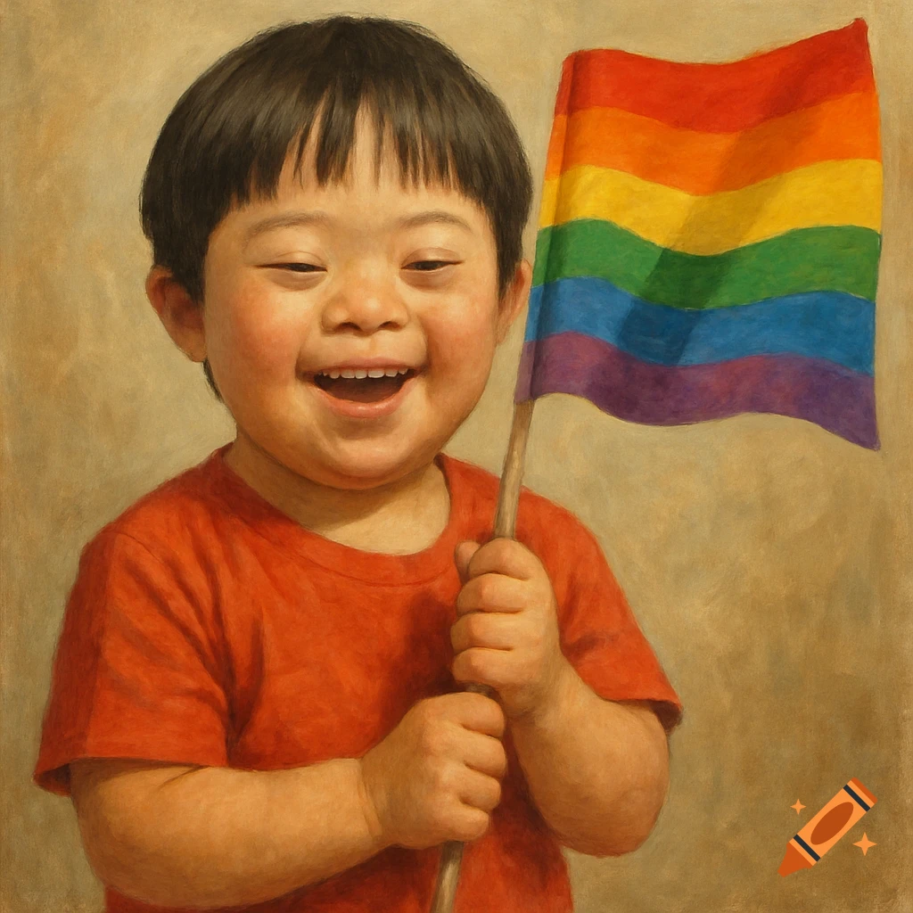 Painted portrait of a smiling Asian child with Down syndrome holding a rainbow pride flag.