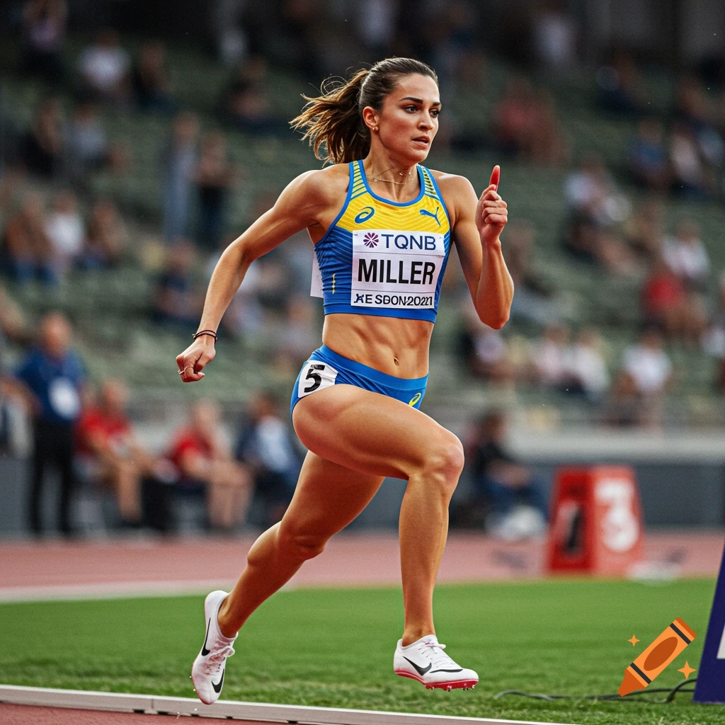 A female track athlete runs on a track during a competition.
