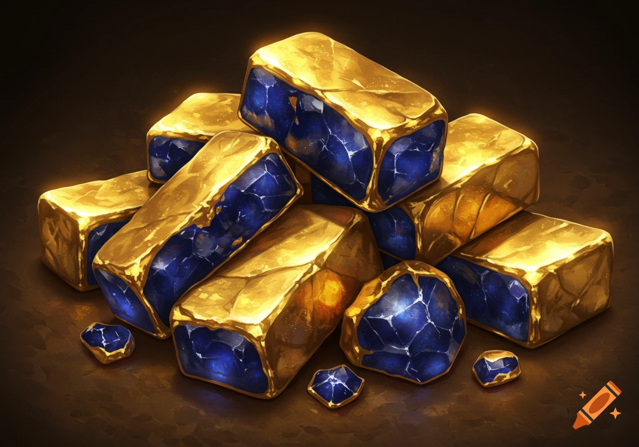Pile of stylized gold bars embedded with blue gems
