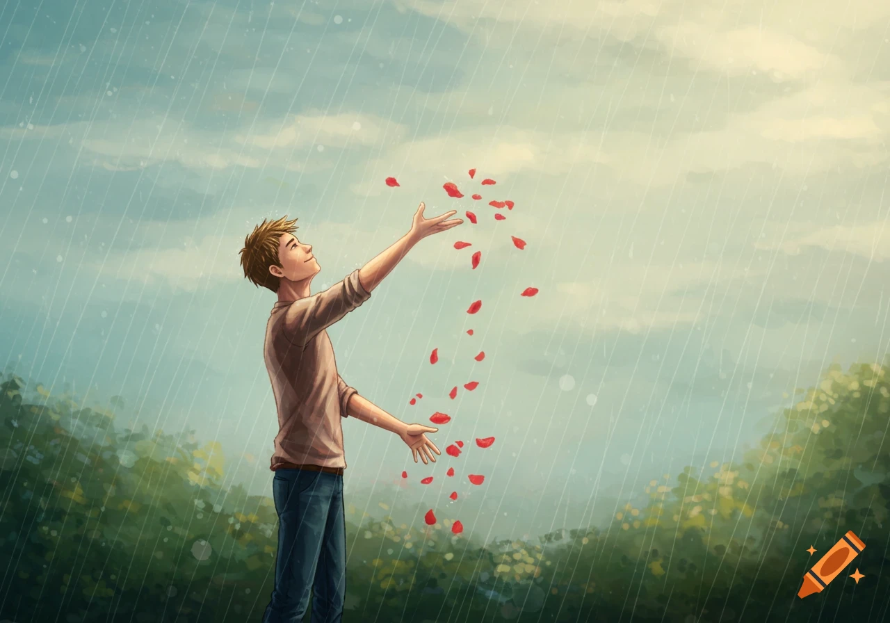 Illustration of a man in the rain throwing red rose petals