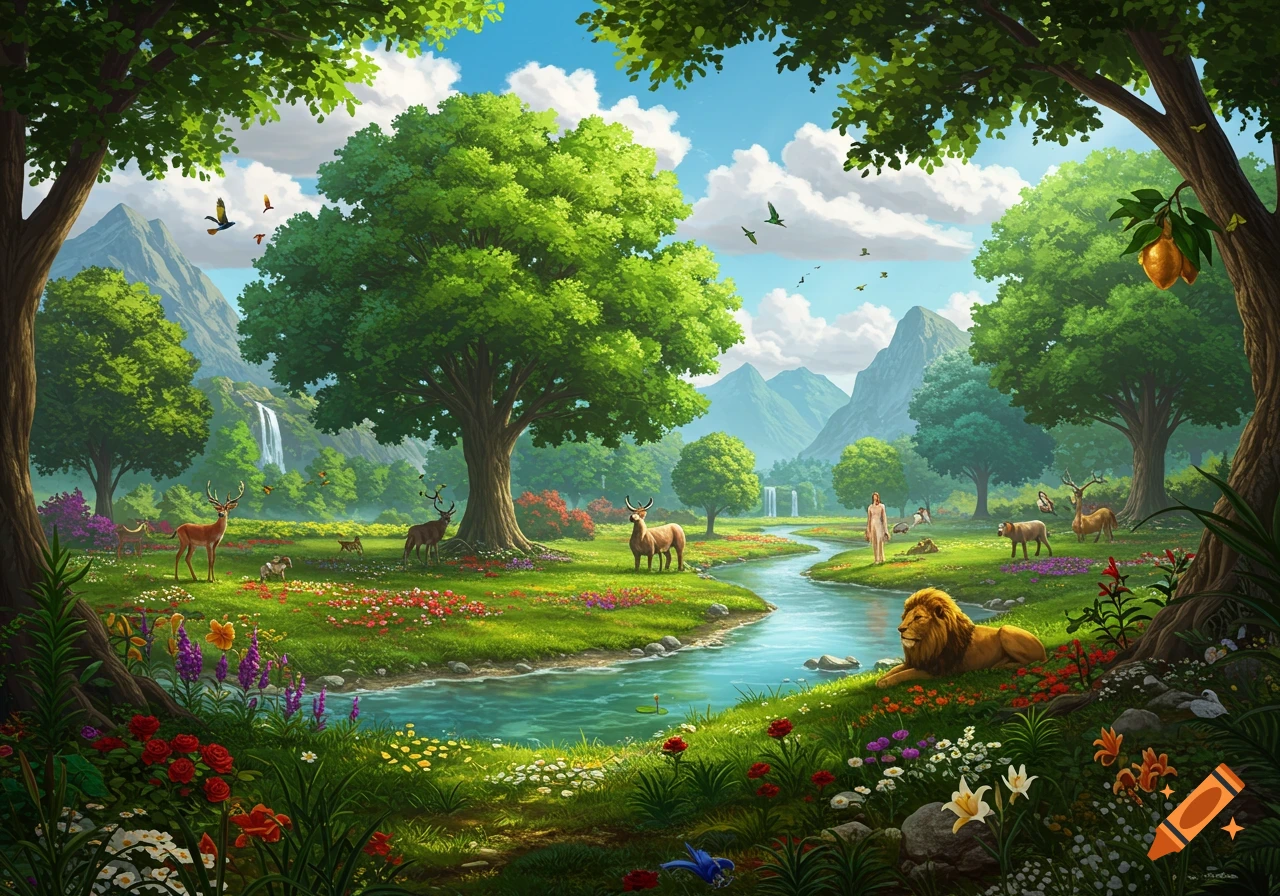 Lush garden with a river, mountains, trees, flowers, deer, lion, birds, and a person standing near the water.