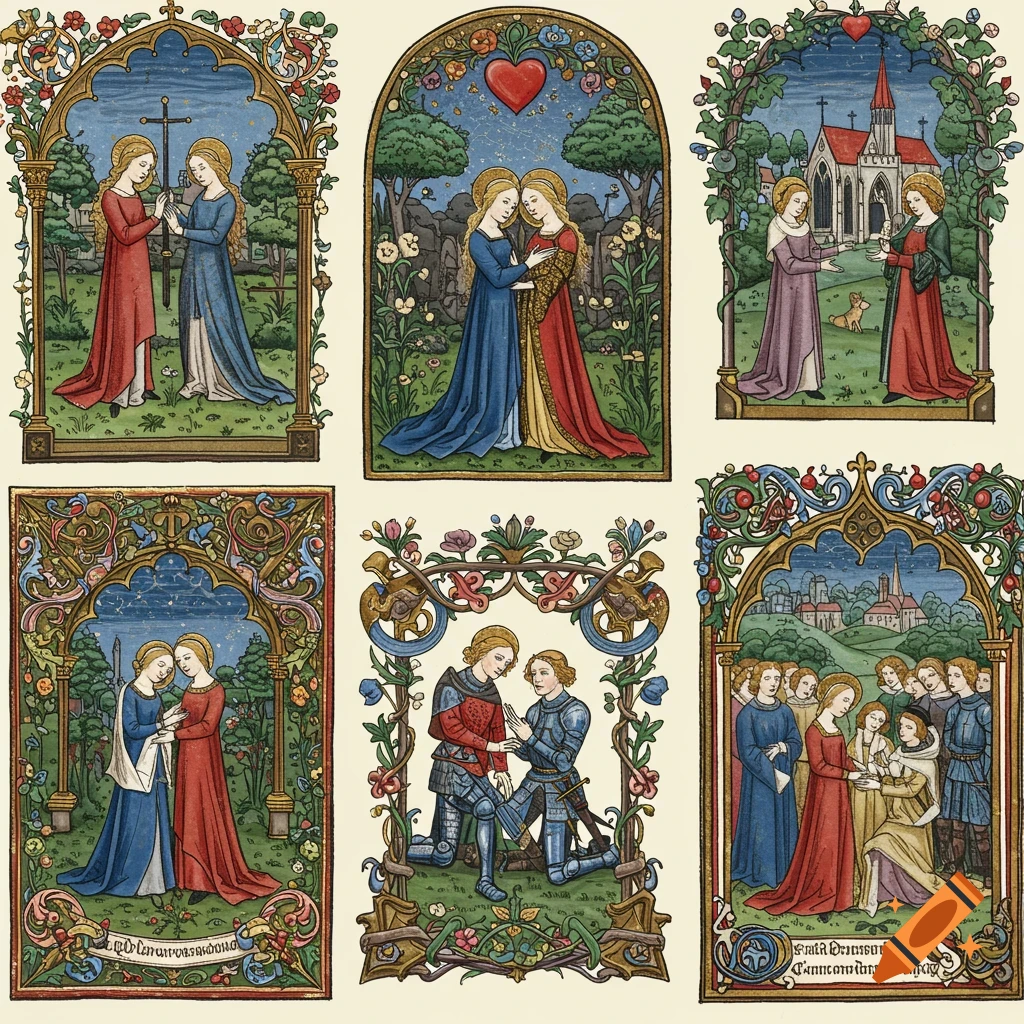 Medieval illustrations of couples in various scenes, with decorative borders.